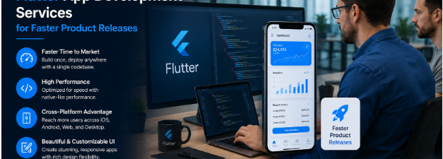 Professional developers building a cross-platform mobile application using Flutter app development services for faster product releases.