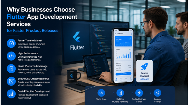 Professional developers building a cross-platform mobile application using Flutter app development services for faster product releases.
